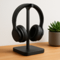 Suporte para de fone de ouvido preto decorativo sobre mesa de madeira