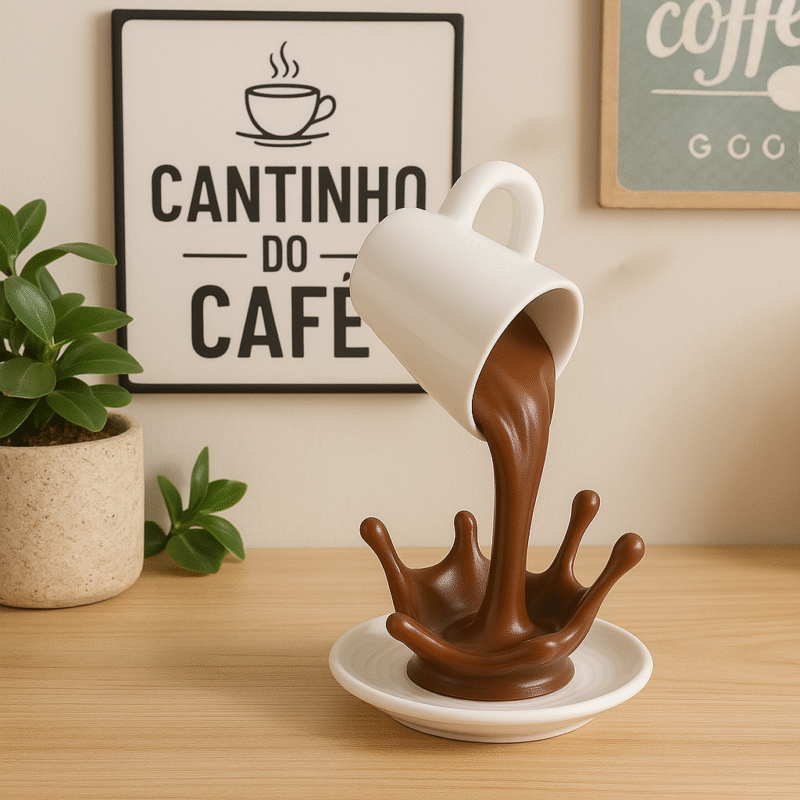 Xícara decorativa em um cantinho aconchegante com placas ao fundo escrito "Cantinho do Café".