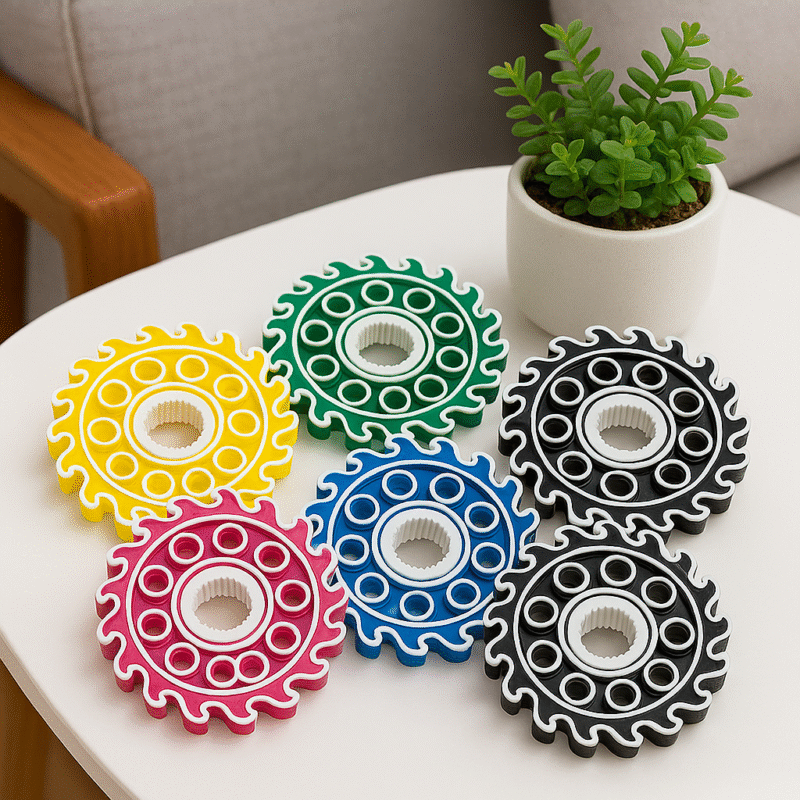 Seis super spinners coloridos dispostos em uma mesa branca ao lado de um vaso de planta