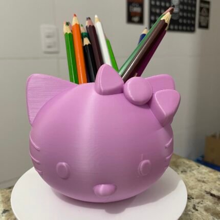 Porta-lápis gatinha lilás impresso em 3D para escritório