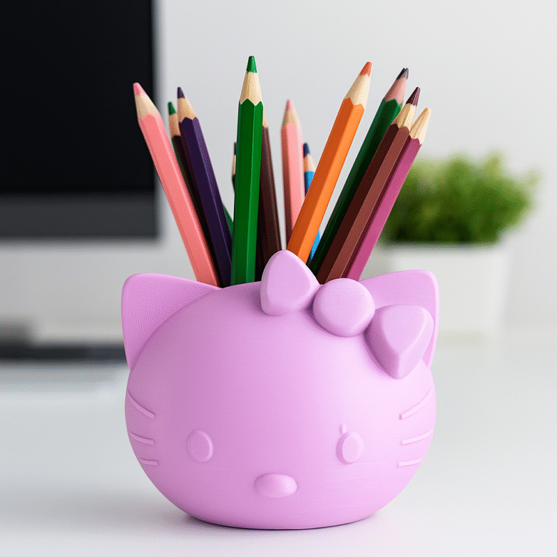 Porta-lápis estilo Hello Kitty lilás impresso em 3D para escritório